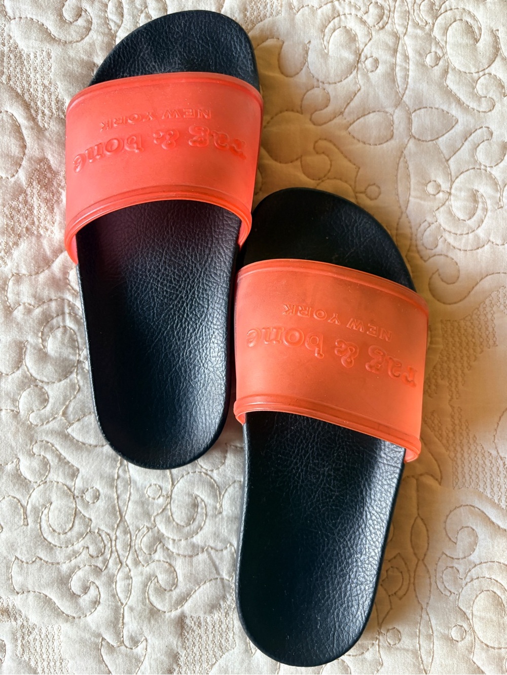 rag & bone Black Footbed Slides with Pink Straps